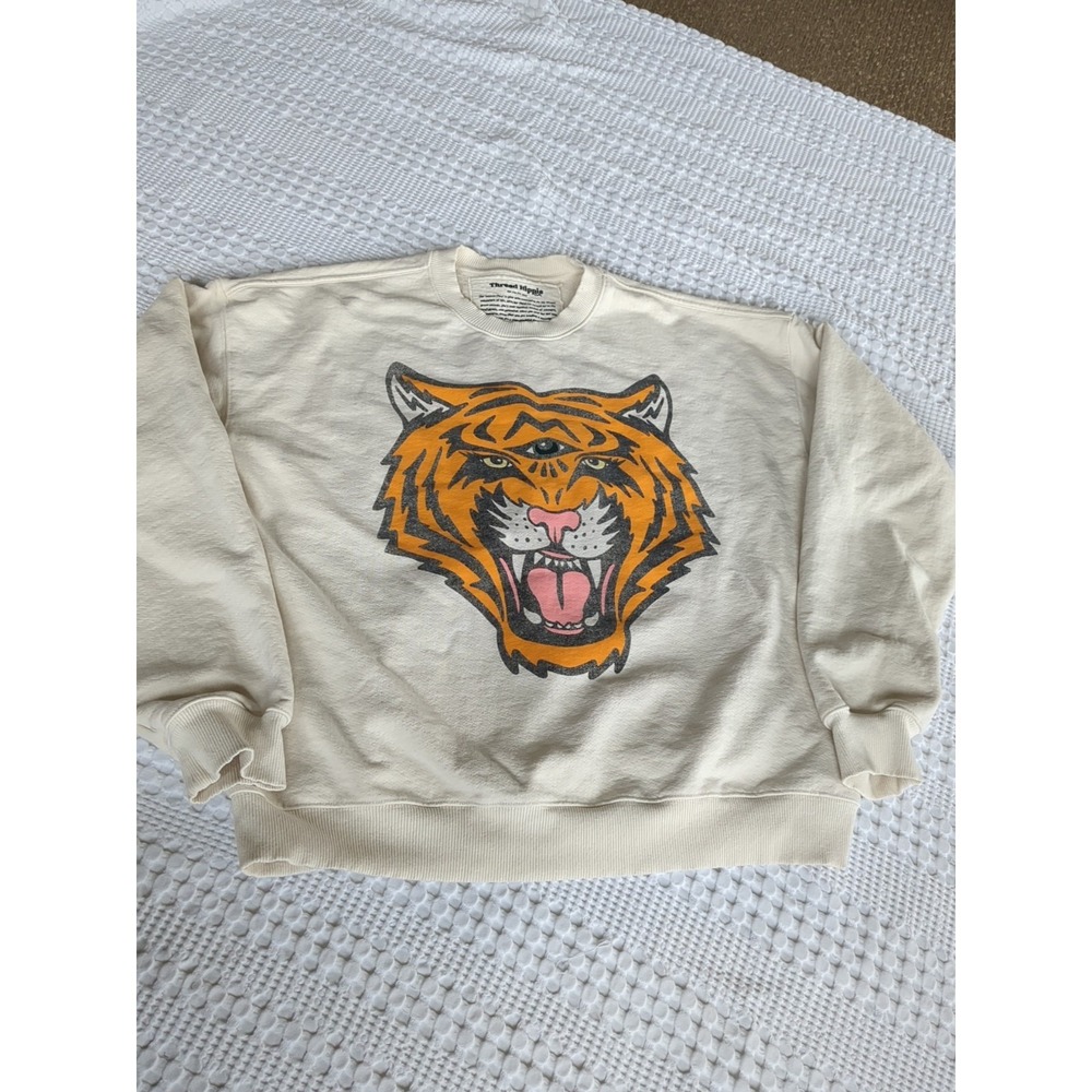 Thread Hippie Cosmic Tiger Terry Oversized Sweatshirt OS Cream Orange Pullover